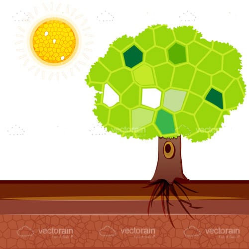 Geometric Nature Scene with Tree and Sun